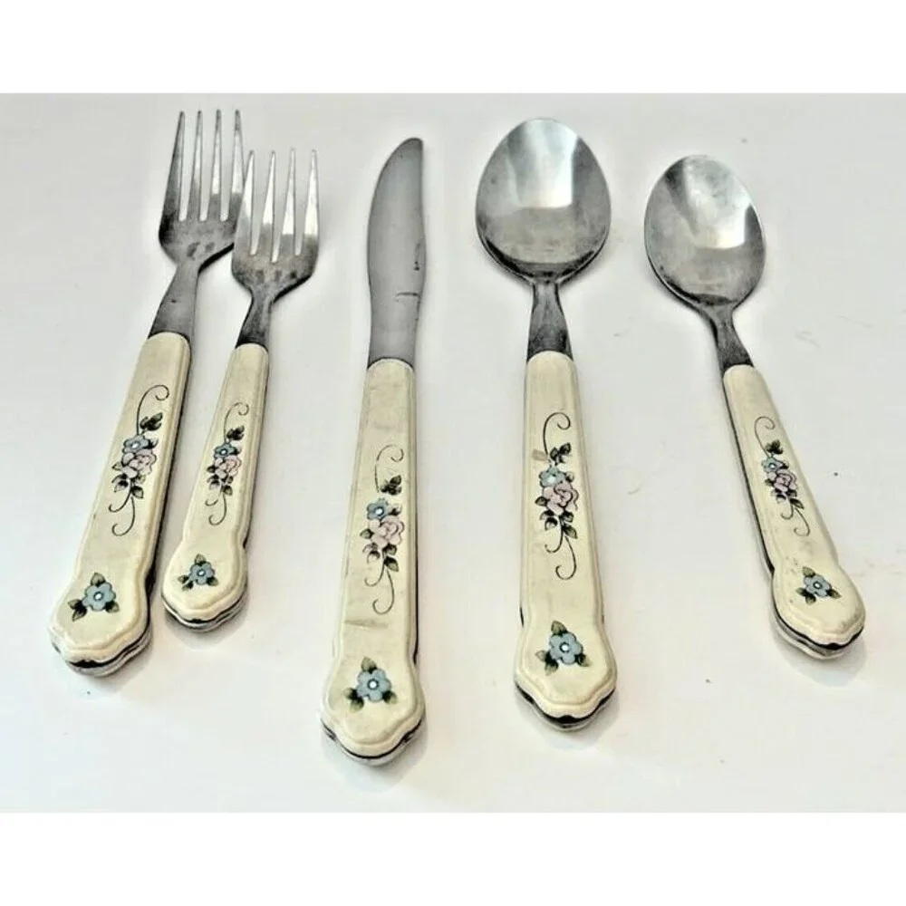 Vintage Pfaltzgraff TEA ROSE Stainless Steel 5‎ Piece Silverware Replacement Set